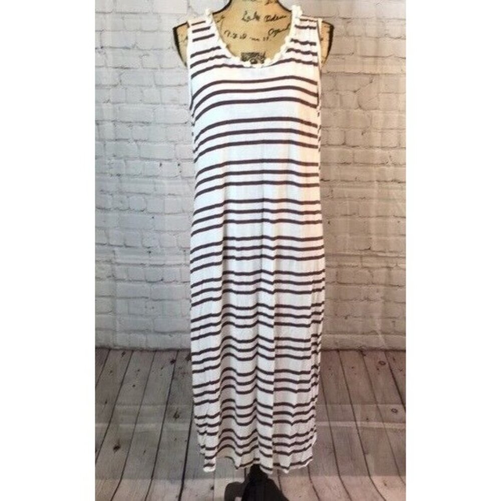 NWT Anandas Maxi Dress White Purple Stripes Pompom Neckline Sleeveless Medium